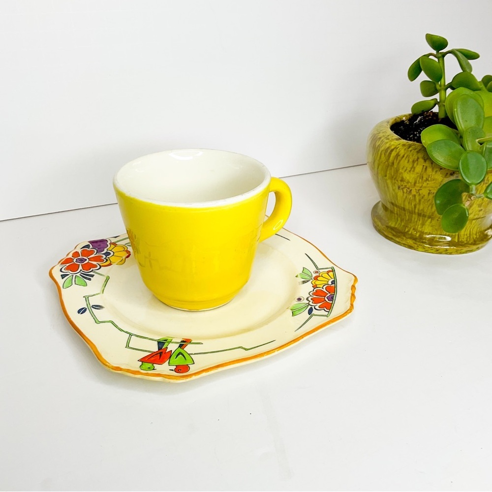 Vintage Art Deco Grimwades Bone China Floral Saucer With Yellow Mug